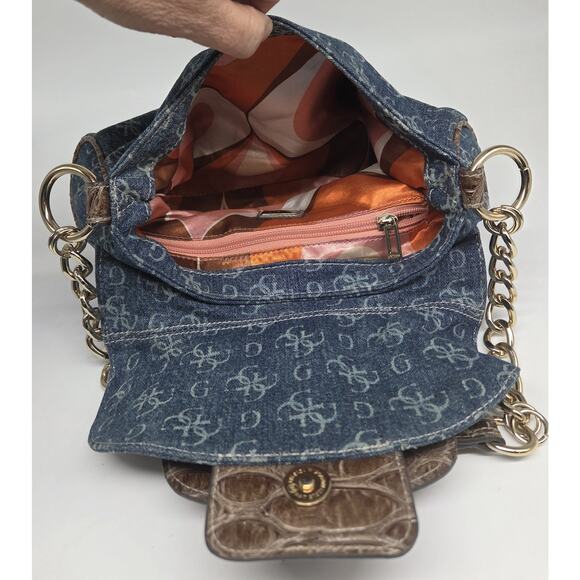 Vintage Y2K Guess Denim Croc Embossed Buckle Bag Gold Chain Vegan Leather Blue - Picture 9 of 16